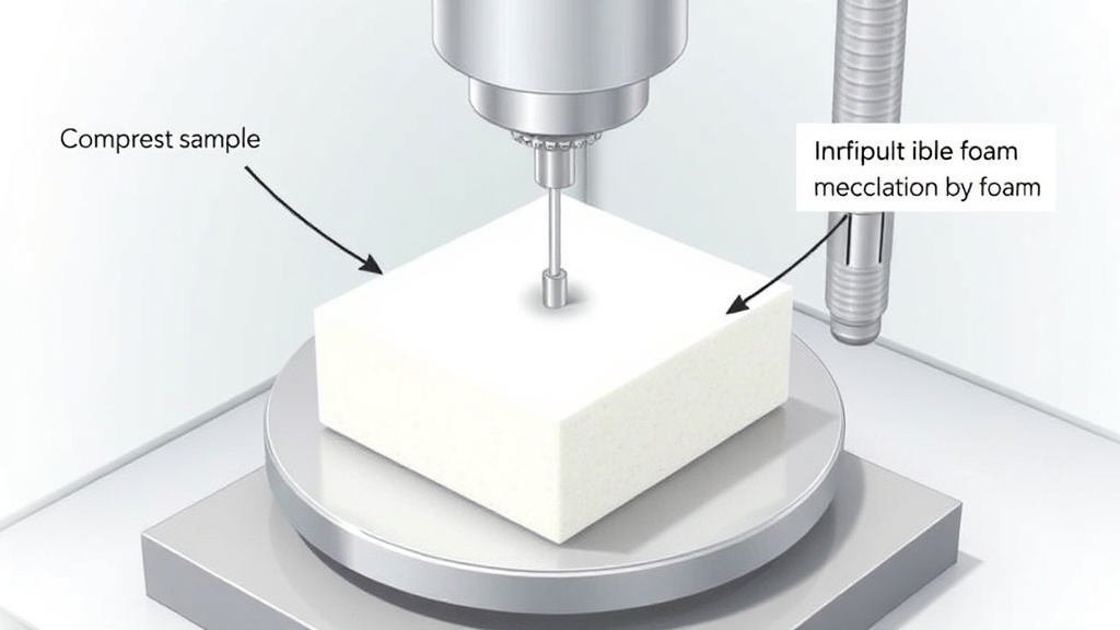 실험실에서 원형 압축판을 이용해 소파 폼의 ILD 수치를 측정하는 정밀 기계 장치