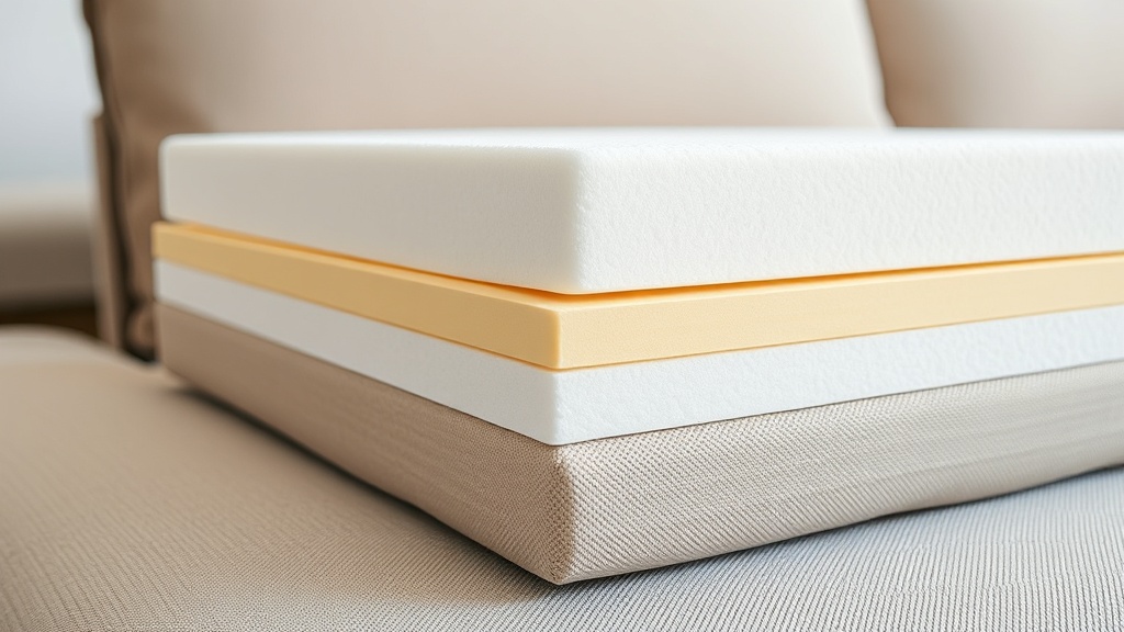 고밀도 베이스 폼 위에 부드러운 저ILD 폼이 층층이 쌓여 있는 소파 내부 단면 구조