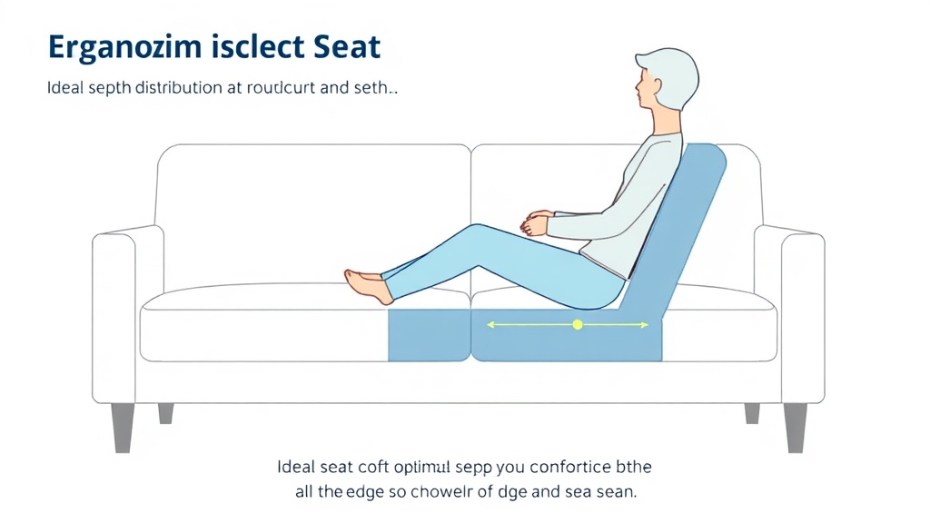 소파에 앉았을 때 무릎 뒤 오금과 좌면 끝단 사이의 적정 거리를 보여주는 인체공학적 도해