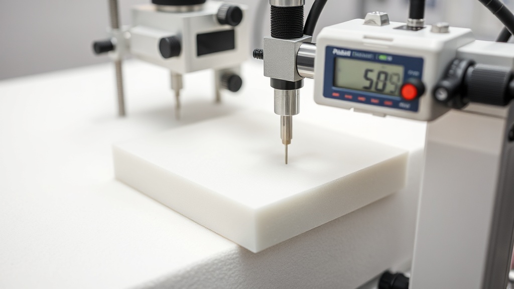 기계 장치를 이용해 소파 폼의 표면을 누르며 탄성률을 측정하는 실험실 환경