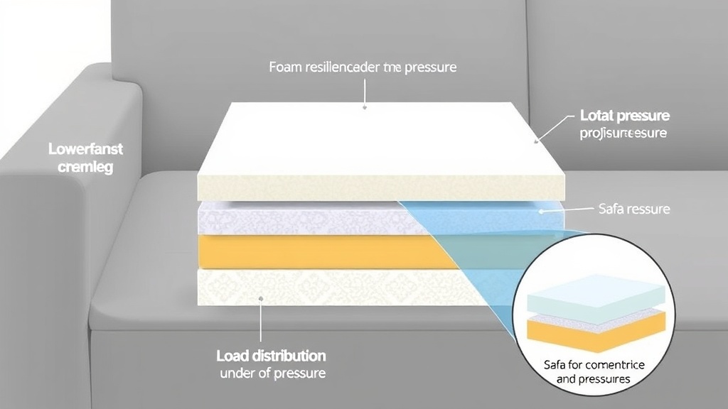 소파 내부 폼이 하중을 받아 압축되는 물리적 구조 단면도